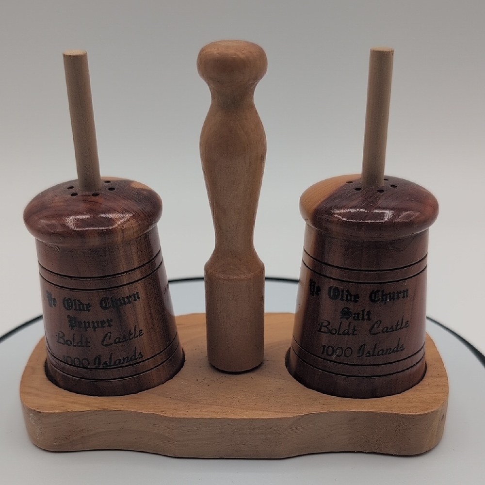Vintage 80s Brown Wooden Butter Churn Salt and Pepper Shaker Set